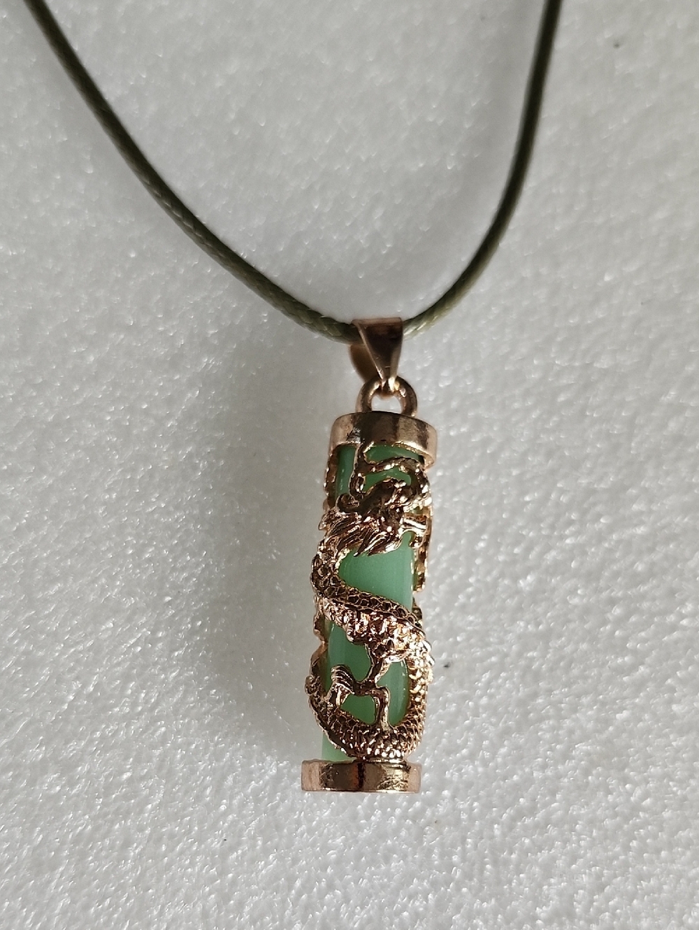 Hand Crafted Gold Dragon Pendant Necklace with Green Stone - Picture 1 of 6